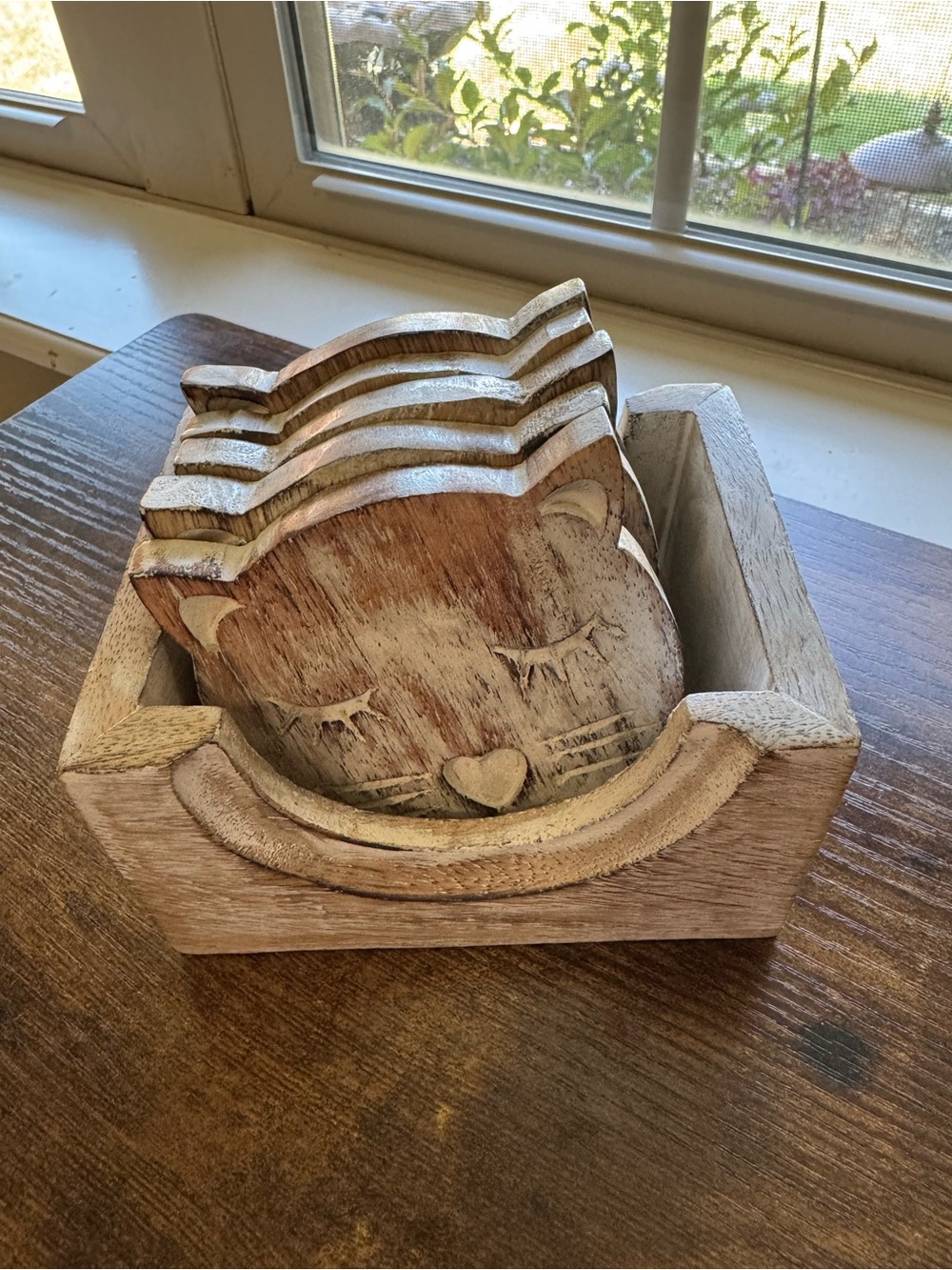 Wooden Cat Coaster Set with Holder (Set of 5) – Rustic Farmhouse Decor